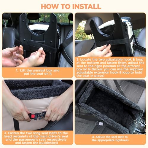 Center Console Dog Car Seat for Small Dogs,PU Leather Small Dog Car Booster Seat,Washable Foldable Puppy Car Seat with Safe Protection Hooks Adjustable Straps and Storage Pocket Pet Up to 20lbs