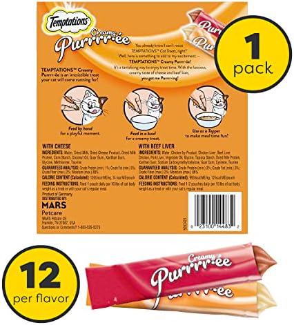 Temptations Creamy Puree with Beef Liver and Cheese, Variety Pack of Lickable, Squeezable Cat Treats, 0.42 oz Pouches, 24 Count