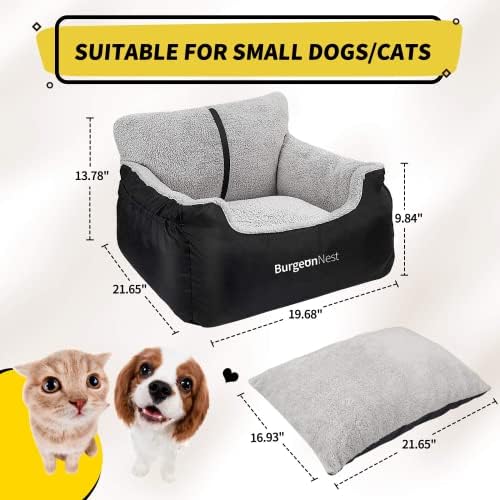 BurgeonNest Dog Car Seat for Small Dogs, Fully Detachable and Washable Cat Carseats Under 25 lbs, Soft Pet Booster Seats with Storage Pockets and Clip-On Leash Portable Car Travel Carrier Bed, Black