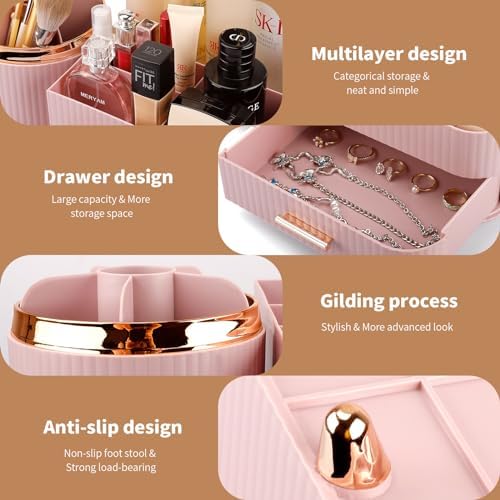 Makeup Organizer for Vanity, Cosmetic Display Case with Drawers, Fits Makeup, Skincare Products, Brushes, Lipsticks, and Other Accessories, Versatile Storage Solution (Pink)
