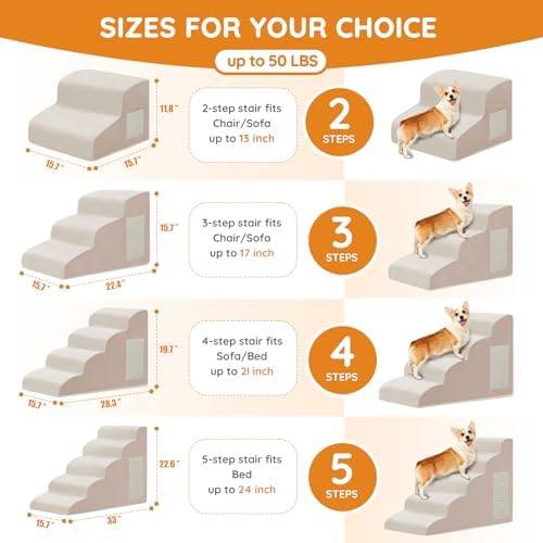 Pet Stairs for Small Dogs - 5-Step Curved Dog Ramp for Bed, Couch, Sofa, Car and Chairs - Non-Slip Bottom Design - Cat Scratching Board - High Density Foam Portable Pet Step - Beige
