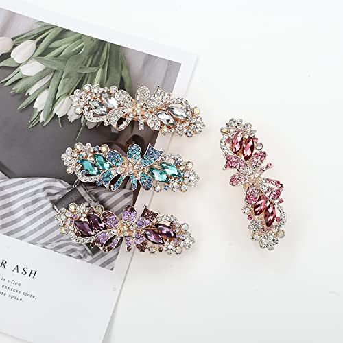 inSowni 4 Pack Luxury Glitter Sparkly Jeweled Gems Korean Decorative Crystal Rhinestone Flower Strong Metal French Barrettes Snap Alligator Hair Clips Headpieces Accessories for Women Girls