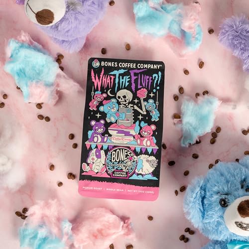 Bones Coffee Company What the Fluff?! Flavored Coffee Beans, Whole Bean Coffee Medium Roast Low Acid, Berry Cotton Candy Flavor (12 oz)