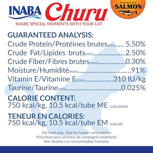 INABA Salmon Churu Cat Treats, Lickable, Squeezable Creamy Purée Cat Treat with Green Tea Extract & Taurine, 0.5 Ounces Each Tube, 60 Tubes, Salmon Variety Box