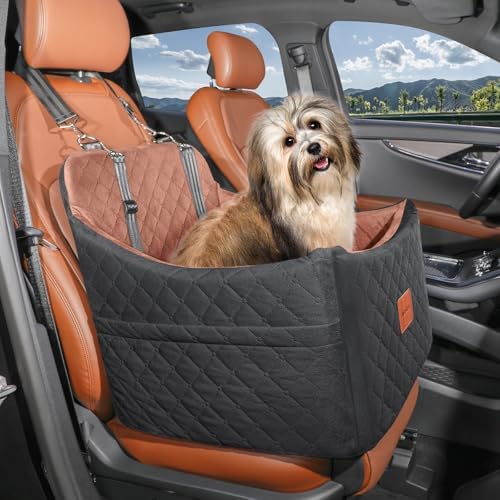 Dog Car Seats for Small/Medium Dogs Up to 35 lbs – Portable Memory Foam Dog Seat for Car with Anti-Slip Design, 2 Adjustable Safety Leashes & Storage Pockets(Black/Brown, Medium)