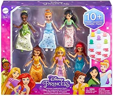 Mattel Disney Princess Toys, Small Doll Party Set with 6 Posable Dolls in Sparkling Clothing & 13 Tea Time Accessories