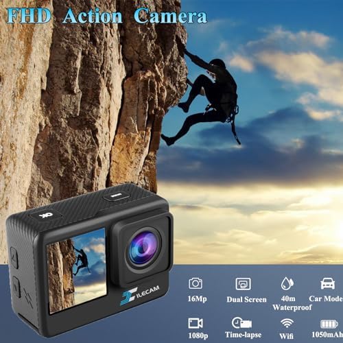Dual Screen Action Camera 1080P WiFi Waterproof Camera 4*Zoom 131FT(40m) Waterproof Underwater Camera with 2X 1050mAh Batteries and Multifunctional Accessories Sports Camera