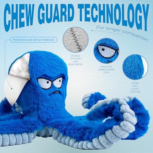 LEGEND SANDY Tough Dog Toys, Stuffed Dog Chew Toys, Large Dog Toys to Keep Them Busy, Interactive Dog Toys, Squeaky Dog Toys, Tug of War Dog Toy, Crinkle Dog Toy (Blue Octopus)