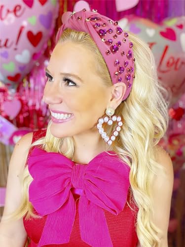 MOLOCH Pink Heart Headband for Women Rhinestone Conversation Love Heart Headbands Crystal Knotted Bejeweled Wide Velvet Fashion Hairband Valentines Day Country Concert Hair Accessories