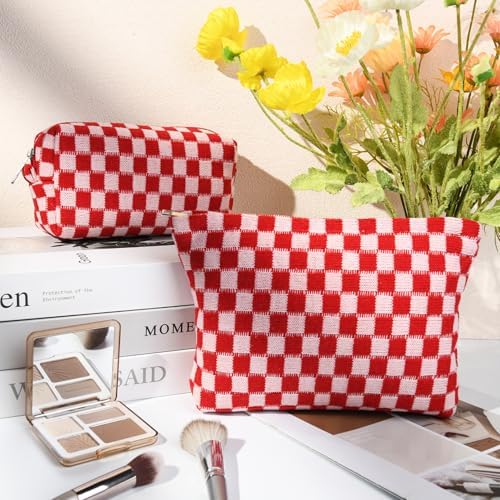 SOIDRAM 2 Pcs Checkered Makeup Bag Large Cosmetic Bag Toiletry Bag Makeup Pouch Travel Bag Organizer Cute Makeup Brushes Aesthetic Accessories Storage Bag for Women Red