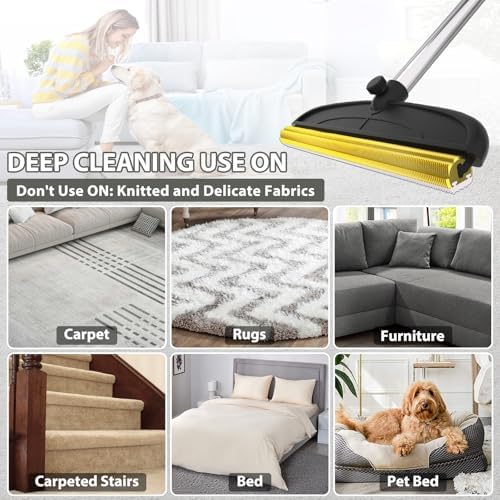 Carpet Rake for Pet Hair Removal: 60" Adjustable Long Handle Pet Hair Removel Tool, 2 in 1 TPU and Copper Pet Hair Remover Broom, Reusable Cat Dog Hair Remover Carpet Scraper (Black)