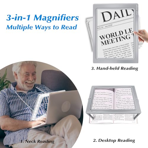 Magnifying Glass for Reading, 10"x 6" Large Lightweight Magnifier with 50 Bright LED Lights Provide Full Book Page Viewing Area Evenly Lit Perfect for Low Vision Person and Seniors Silver
