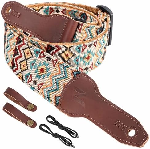 Nefelibata Banjo Strap, 2" Wide Double Full Grain Cowhide Guitar Strap Adjustable Replacement,Multi-pattern Guitar Strap With Headstock Rope and Leather Headband(Boho Yellow)