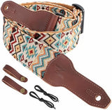 Nefelibata Banjo Strap, 2" Wide Double Full Grain Cowhide Guitar Strap Adjustable Replacement,Multi-pattern Guitar Strap With Headstock Rope and Leather Headband(Boho Yellow)