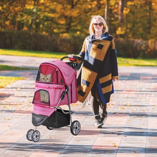 Foldable Pet Stroller for Cats and Dogs 3 Wheels Carrier Strolling Cart with Weather Cover, Storage Basket + Cup Holder (Pink)