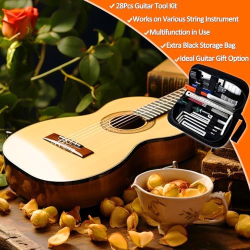 28Pcs Guitar Tool Kit, Guitar Accessories Gifts for Men, Guitar Maintenance Kit with Carry Bag, Guitar Repair Kit for Acoustic Electric Guitar Ukulele Bass Banjo, TIMDAM Guitar Setup Kit Guitar Gifts