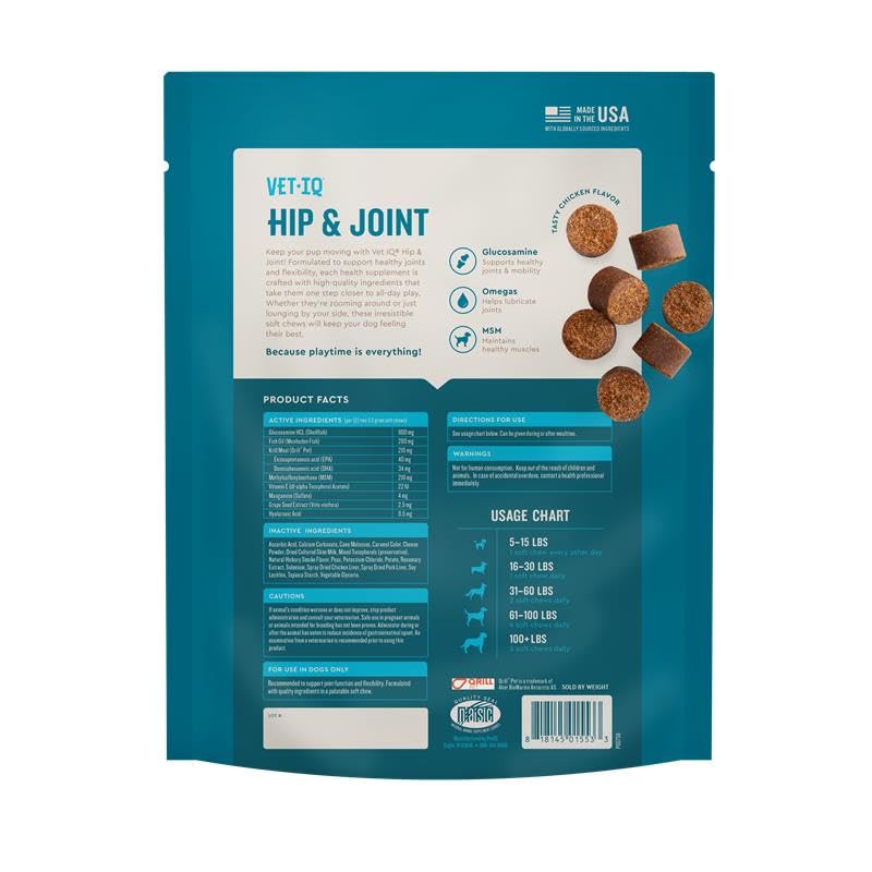 VetIQ Glucosamine Hip & Joint Supplement for Dogs, 180 Soft Chews, Joint Support Supplement with MSM and Krill, Dog Health Supplies Large & Small Breed, Chicken Flavored Chewables