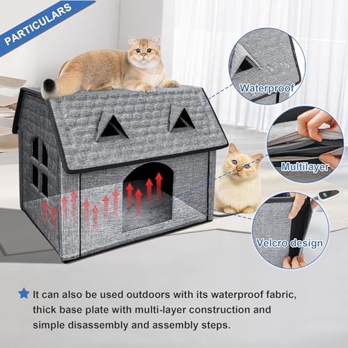 Heated Cat House with Pet Heating Pads, Intelligent Thermostat Cotroller, Cat Heating Shelter for Indoor Outdoor Kitty, Foldable Puppy Heated Bed with Cute Windows, Sturdy and Waterproof