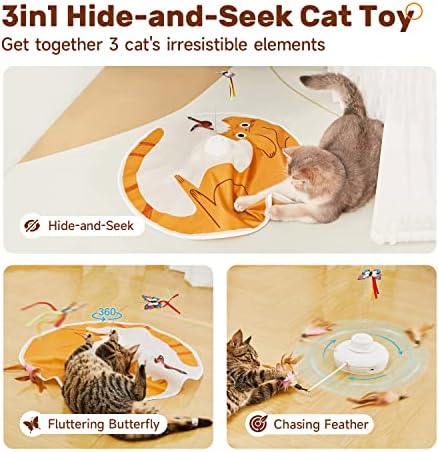 Potaroma Cat Toys Chargeable, 3in1 Hide and Seek for Kittens, Automatic Interactive Play, Fluttering Butterfly, Moving Feather Wand, Indoor Kitty Exercise 22.8 Inches Cover for All Breeds