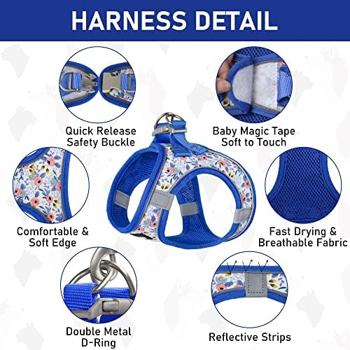 GAMUDA Small Dog Harness Collar and Leash Set, Step in No Chock No Pull Soft Mesh Adjustable Dog Vest Harnesses Plaid Reflective for Dogs Puppy Cats Kitten Rabbit (Blue Flower, S)
