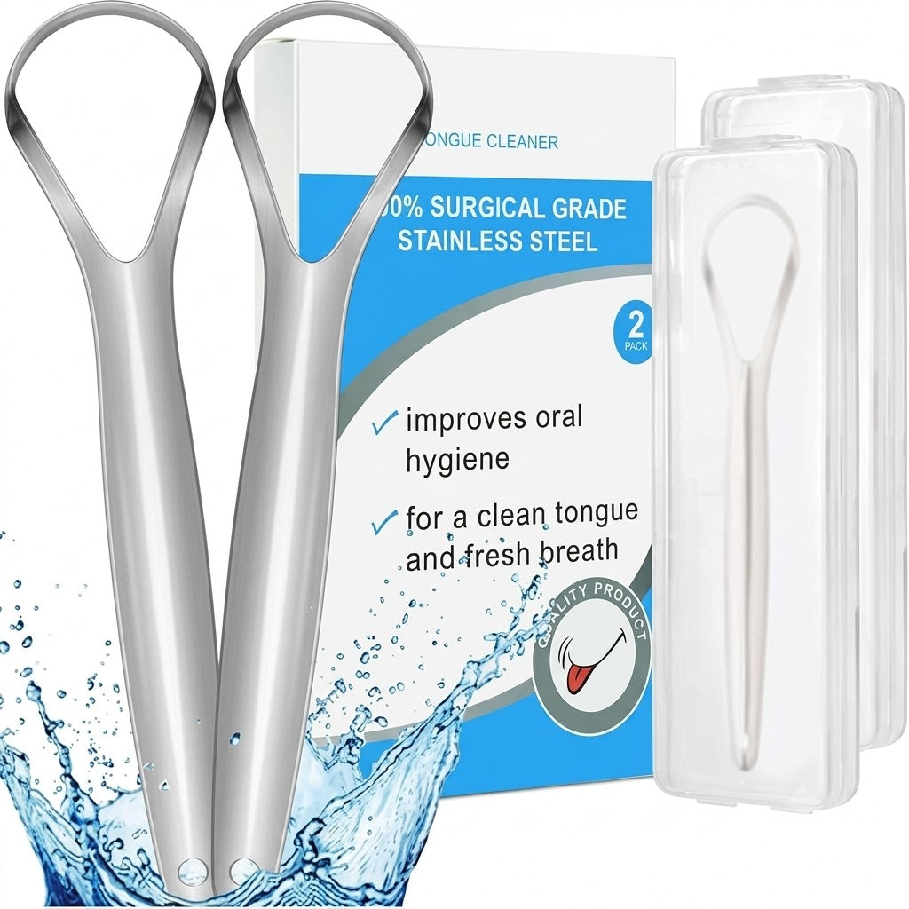 2-Pack Tongue Scraper, 100% 304 Surgical Stainless Steel Tongue Cleaner for Both Adults and Kids, Professional Reduce Bad Breath Metal Tongue Scrapers, Help Your Oral Hygiene (with 2 cases)