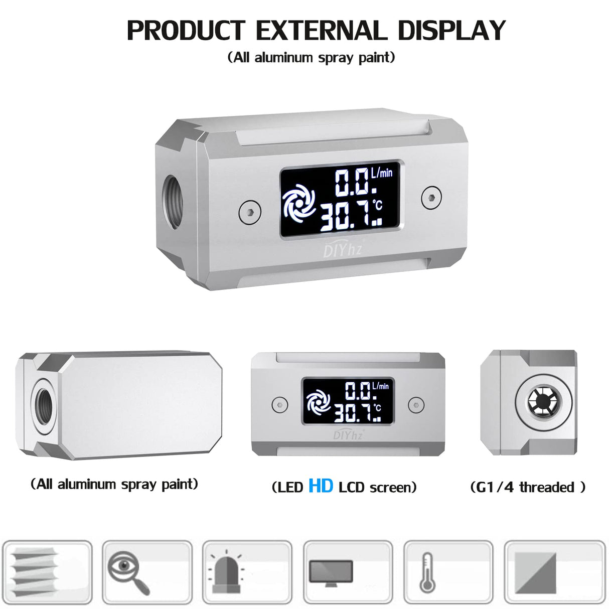 DIYhz G1/4 aluminum alloy shell LCD displaydigital display flow thermometer temperature indicator CPU temperature monitor Silver