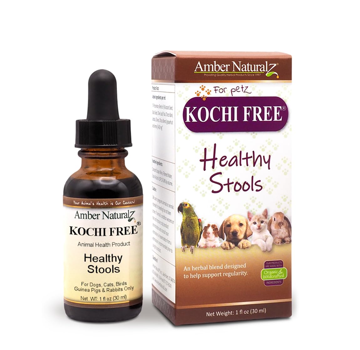 Amber NaturalZ Kochi Free Herbal Supplement for Dogs, Cats, Birds, Guinea Pigs, and Rabbits | Pet Herbal Supplement for Healthy Stool Support | 1 Fluid Ounce Glass Bottle | Manufactured in The USA