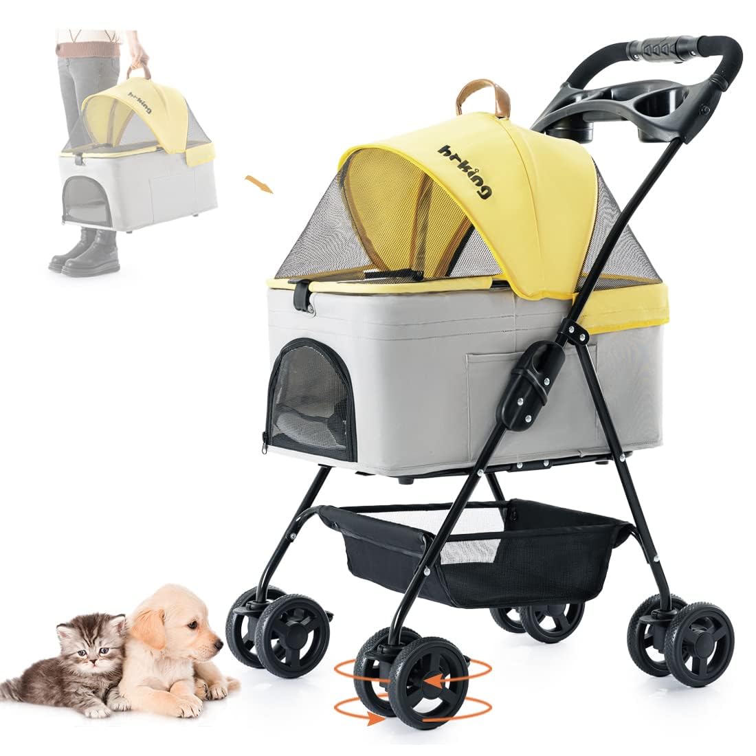 LPOTIUS 3-in-1 Pet Stroller for Small Dogs and Cats, Folding Lightweight Dog Stroller with Detachable Carrier Portable Cat Puppy Jogging Stroller with Cup Holder and Storage Basket, 4 Wheels