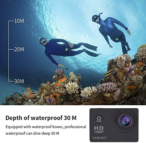 VEMONT Action Camera, 1080P 12MP Sports Camera Full HD 2.0 Inch Action Cam 30m/98ft Underwater Waterproof Snorkel surf Camera with Wide-Angle Lens and Mounting Accessories Kit
