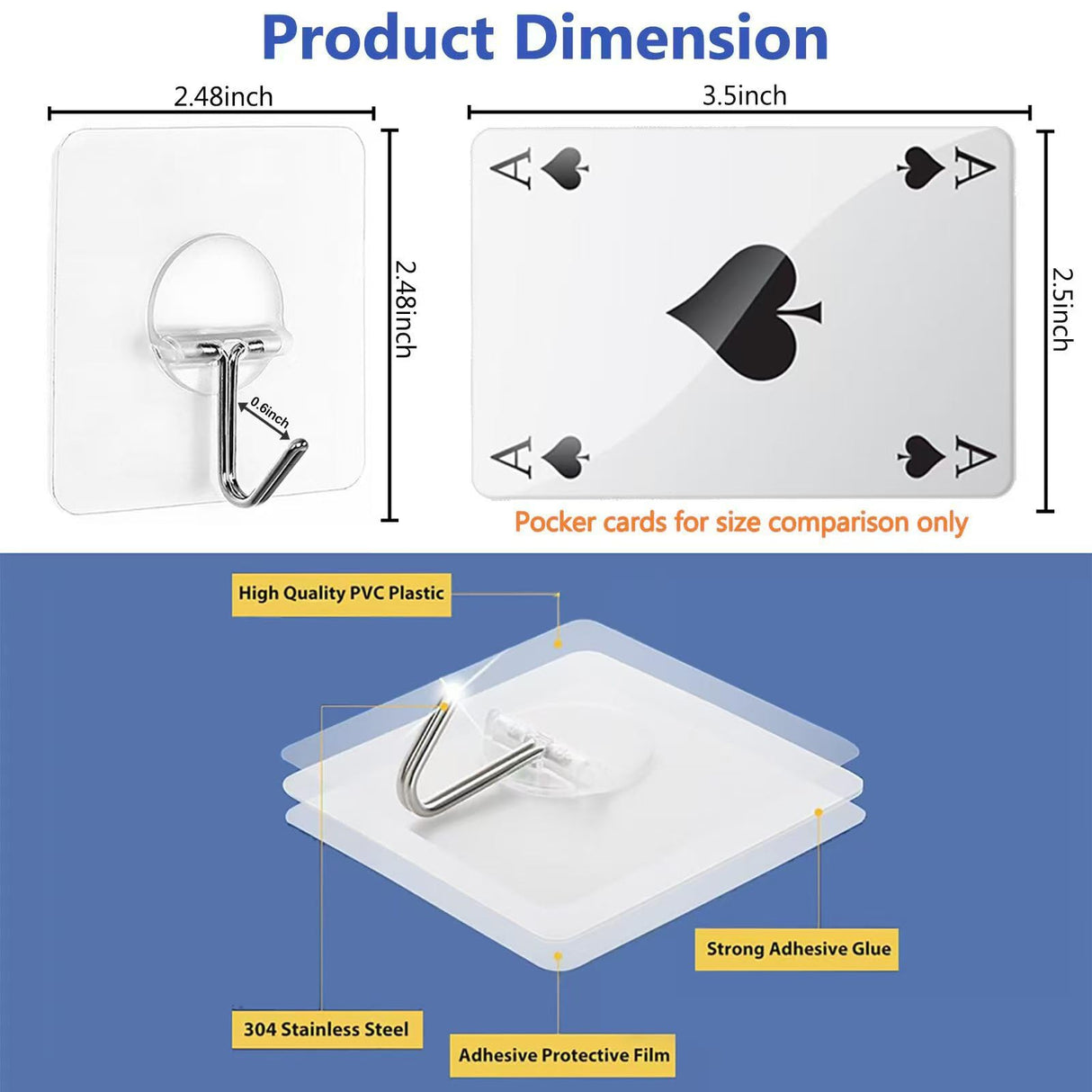 Adhesive Wall Hooks 13LB Heavy Duty No Drill Transparent Waterproof Hooks for Bathroom Kitchen Towel Coat 12 Pack