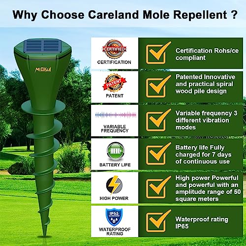Meokui Mole Repellent Solar Powered Noiseless Deterrent Vibrating Stake, Outdoor Waterproof Mouse Repeller, Armadillo Insect Repellent, Gopher Stake to Repel Snakes, Groundhogs, for Yard Lawn (6 pack)