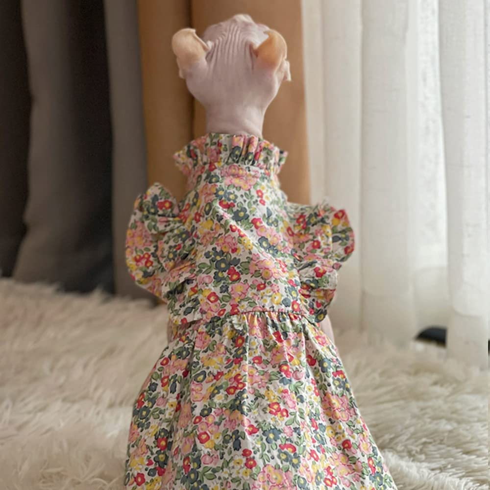 WCDJOMOP Hairless Cat Clothes - Breathable Summer Cotton Puff Sleeve Floral Dress Romantic Girly Skirt Elegant Soft Princess Dress for Sphynx, Cornish Rex, Devon Rex, Peterbald Cat (XXL-,Floral)
