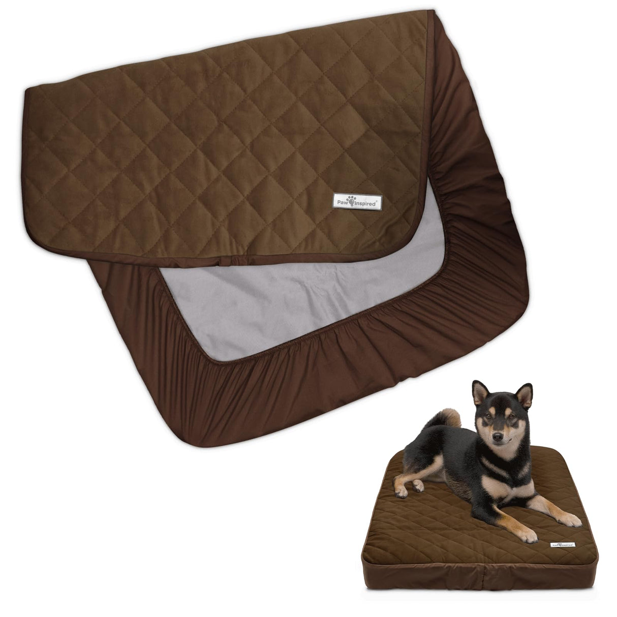 Paw Inspired Waterproof Fitted Cover for Dog Bed | Washable Bed Protector for Dog Mattress | Removable Replacement Cover for Small to Medium Pet Bed (Dark Brown, 34 x 23 x 5 Inch)