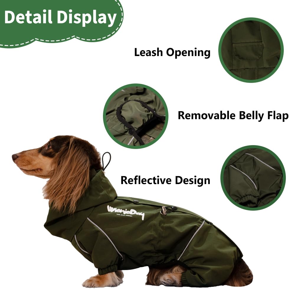 WienieDay Dachshund Full Body Dog Raincoat, Waterproof 4-Leg Jacket with Removable Belly Flap, Lightweight Reflective Hooded Dog Coat for mini Dachshund Small Medium Dogs (X-Large(20-25lbs))