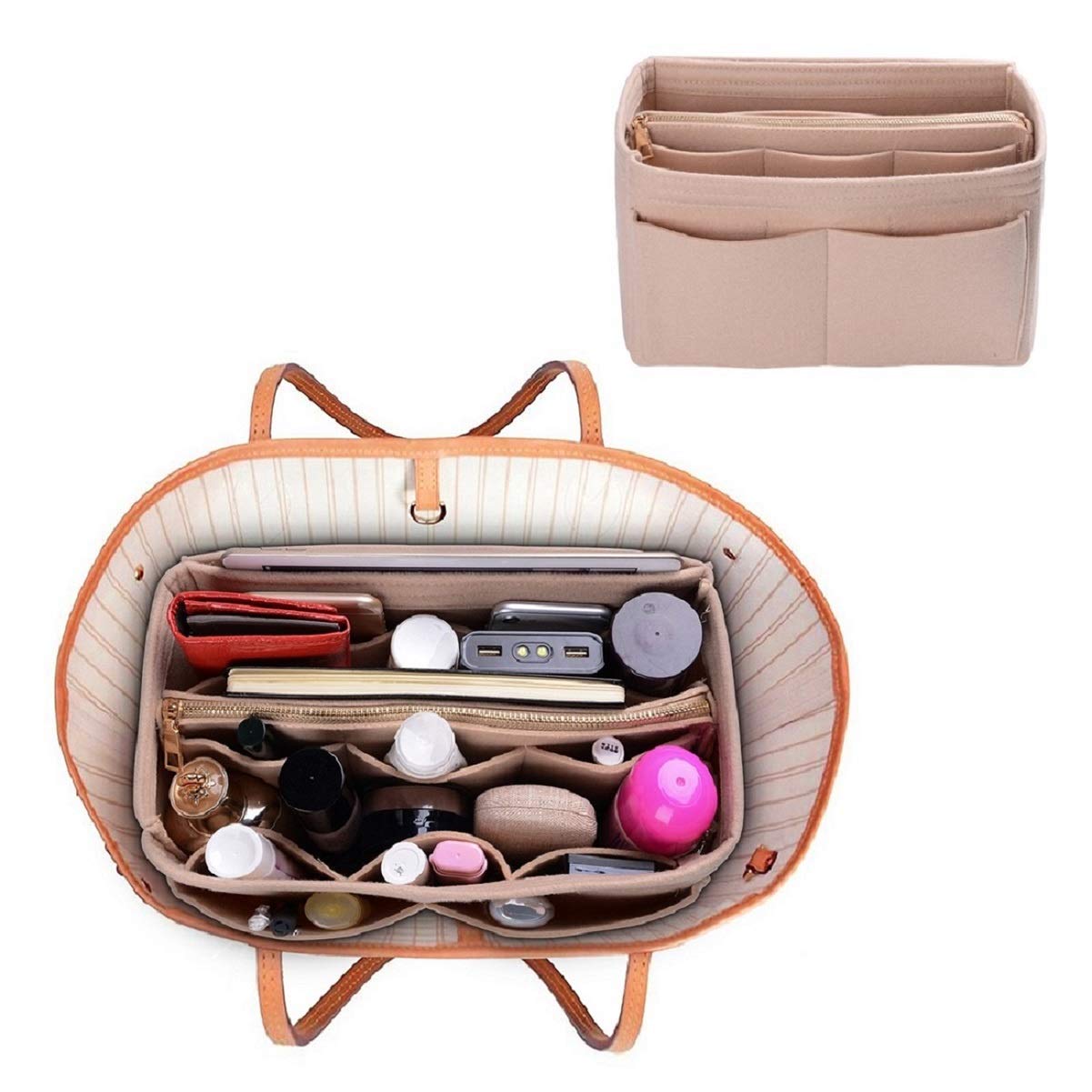 ZTUJO Purse Organizer Insert, Felt Bag Organizer with Metal Zipper, Handbag & Tote Shaper, For Speedy Neverfull Tote, 7 Sizes(Medium, Beige)