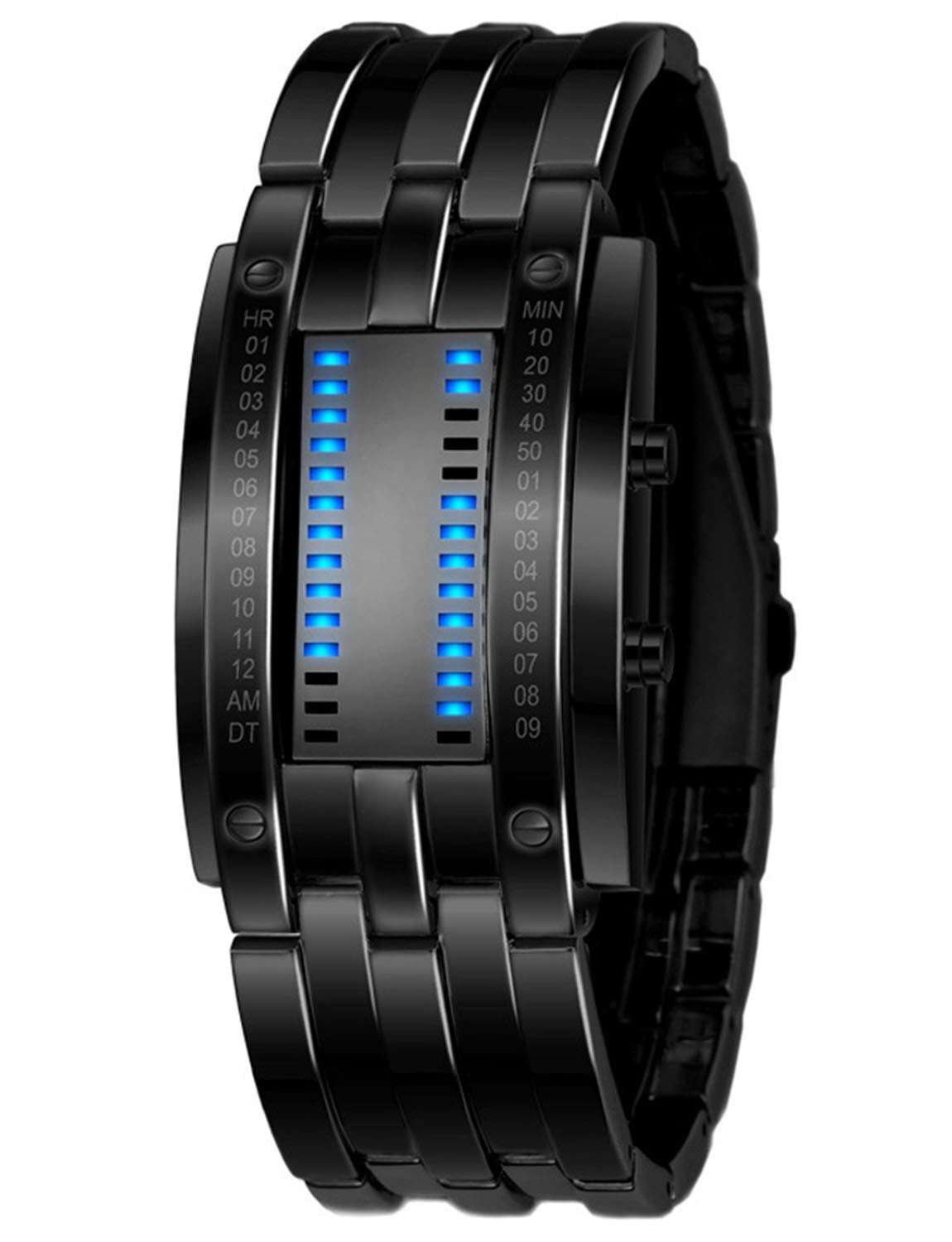 Reginald Fashion Mens Binary Sports Watch Digital LED Matrix Waterproof Outdoor Casual Black Bracelet Blue Backlit Men's Square Watch (Black)