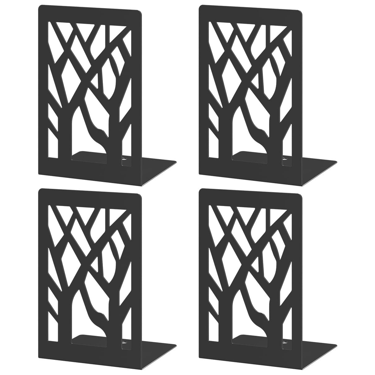 VFINE 4-Piece Modern Metal Bookends for Shelves, Black Tree Book Ends for Books, Decorative Book Organizer for Desk, Non-Skid Shelve Bookends for Home Office