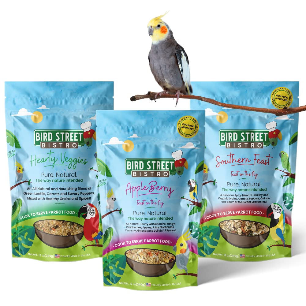 Bird Street Bistro Cockatiel Food Sample 3 Pack - Cooks in 3-15 min w/Natural Whole Grains - Healthy Non-GMO Fruits, Dried Vegetables, Health Orientated Spices