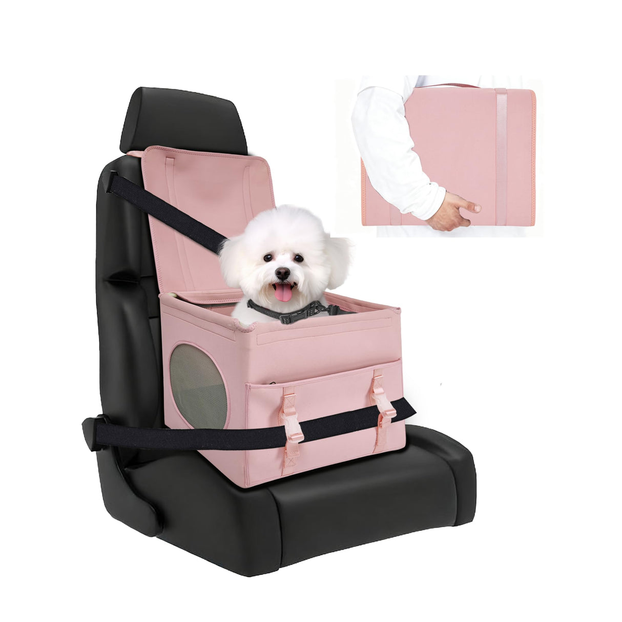 Dog Car Seat for Small Dogs, up to 13lbs, Foldable Dog Car Booster Seat with Non-Slip Bottom, Safety Tether and Storage Pocket, Comfortable Waterproof Fabric, Breathable Mesh Windows, Pink