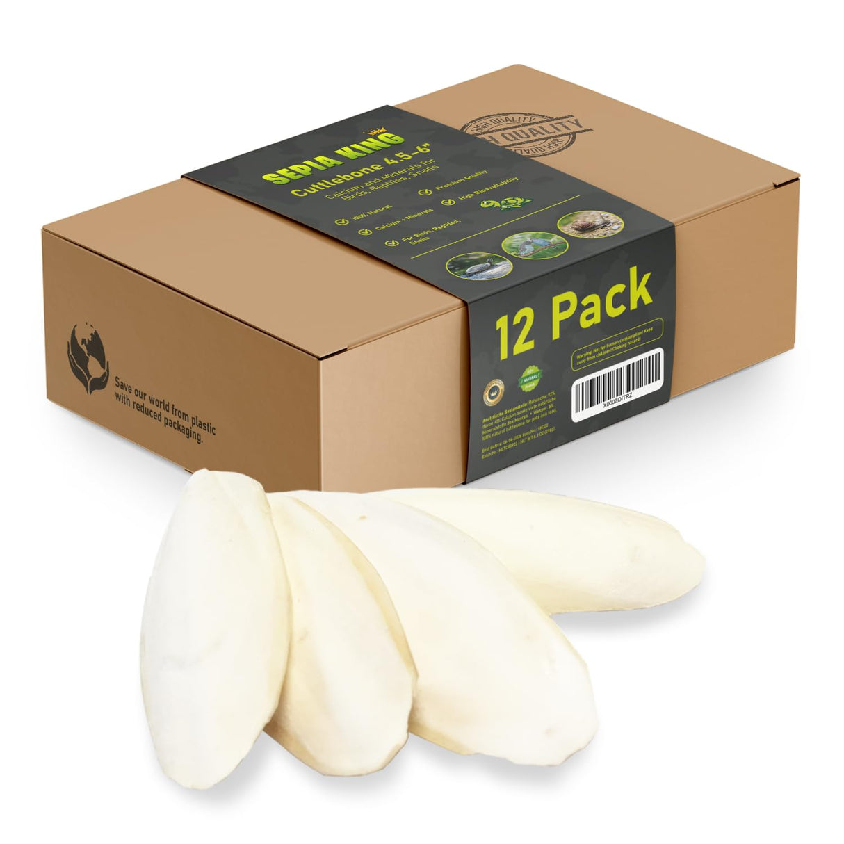 Sepia King - Medium - 100% Natural Calcium Supplement - Premium Cuttlebone Perfect for Birds, Tortoises, Snails, Reptiles - 12 Pack