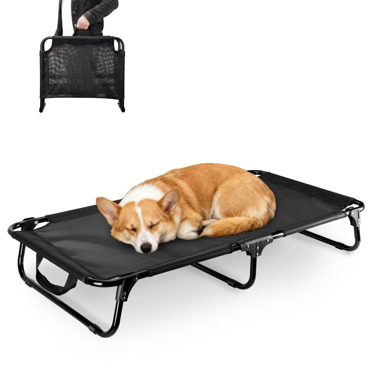 Loebelle Foldable Elevated Dog Cot, No Assembly Need, Waterproof Folding Raised Dog Bed, Outdoor Dogs Cot Cooling Pet Hammock Bed with Breathable Mesh for Small Medium Size Dogs, Chew-Proof, Black