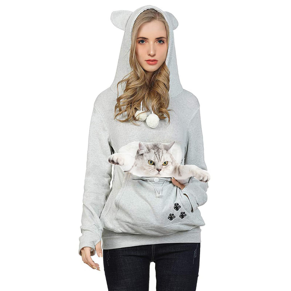 FENBEN Womens Pet Carrier Shirts Kitten Puppy Holder Animal Pouch Hood Sweatshirt Pouch Hoodie (Grey,XL)