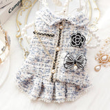 PalmPurr Fall Winter Small Dog Tweed Princess Dress White Pearl Design, Warm Fleece Dog Coat for Girls, Cute Puppy Clothes with Bow Flower, Luxury Chanel Style Pet Outfit for Cats & Dogs(White,L)