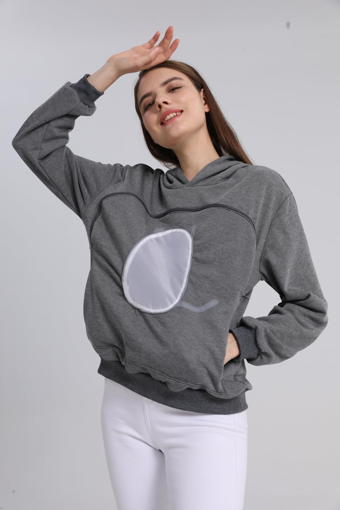 ALYC Pet Carrier Hoodie Cat Dog Pouch Holder Sweatshirt Large Pocket Pullover Shirt with Cat Ear for Women Dark Gray