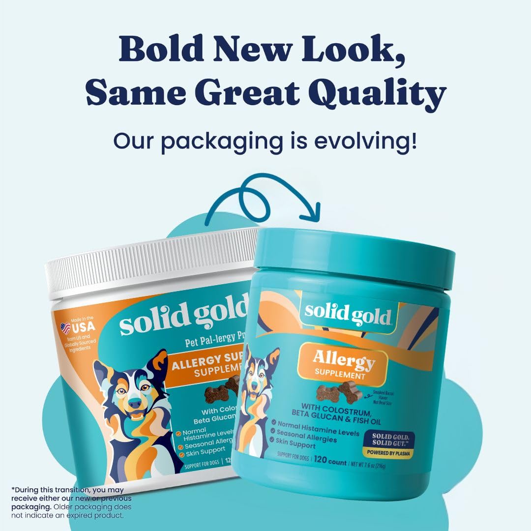 Solid Gold Dog Allergy Relief Chews - Dog Itching Skin Relief & Seasonal Allergies Support - Alaskan Salmon Oil for Dogs Skin, Coat & Immune Support - Bacon Flavor Soft Allergy Chews for Dogs -120ct