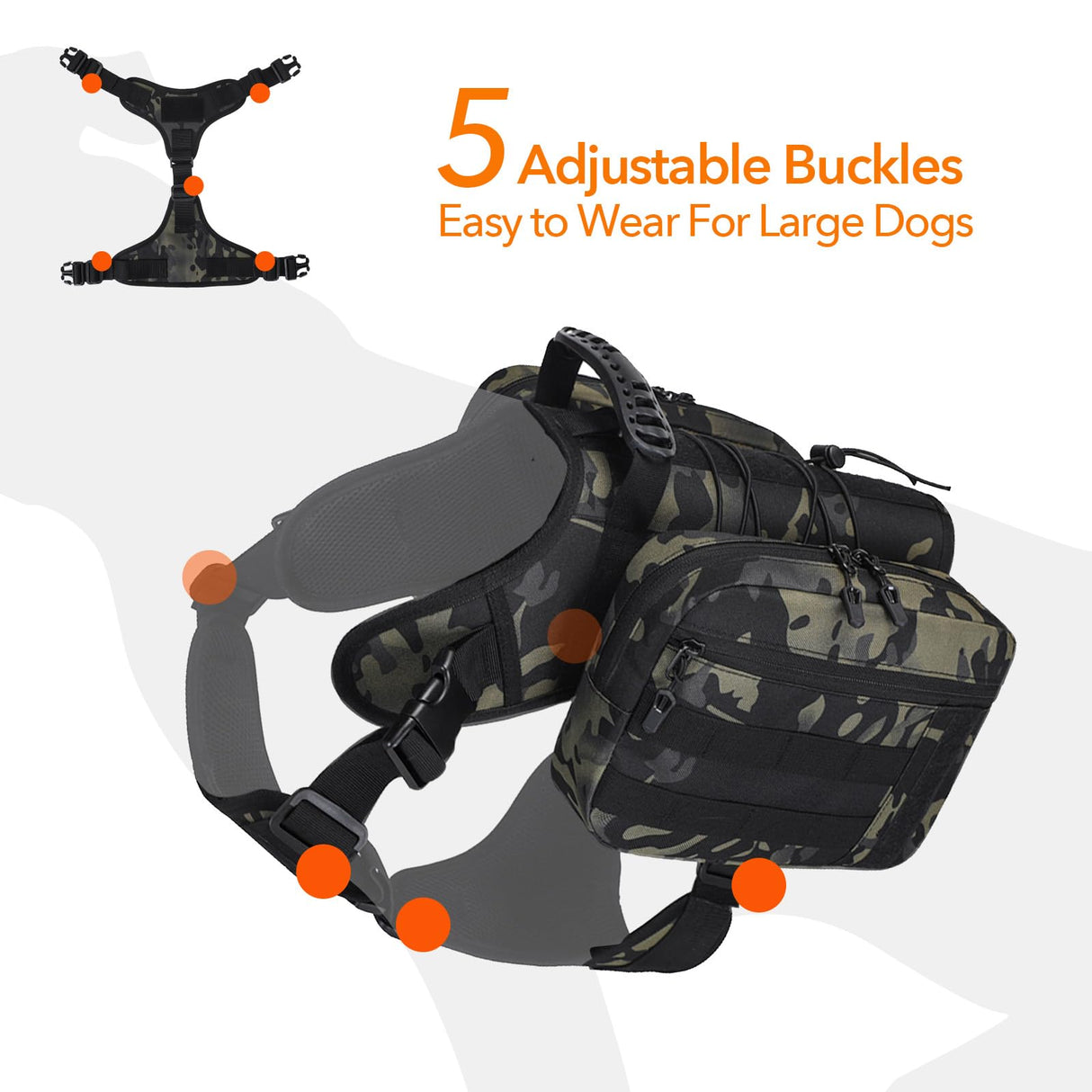 GooCare x Jumahe Dog Hiking Backpack for Large/Giant Dogs – 2 Spacious Side Bags, Breathable Waterproof Fabric, Fits Chest 30"-40" (85-120 lbs), 5 Adjustable Buckles, Outdoor Travel Vest, Black