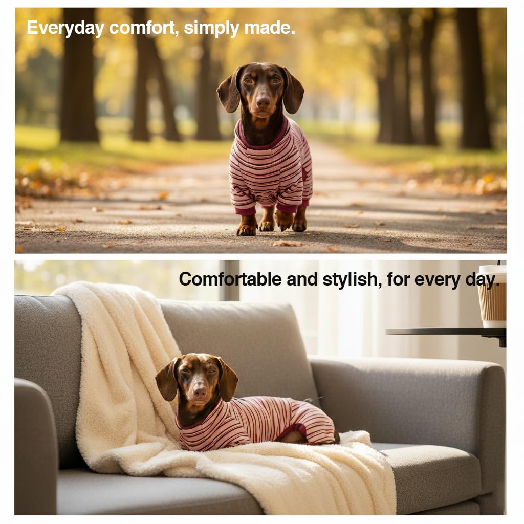 WienieDay Four-Legged Dachshund Shirt, Striped Thermal Velvet Fleece, Adjustable Back Fit, Stretchy Cozy Outfit for Mini Dachshunds & Small/Medium Dogs (Pink, Small(7-11lbs))