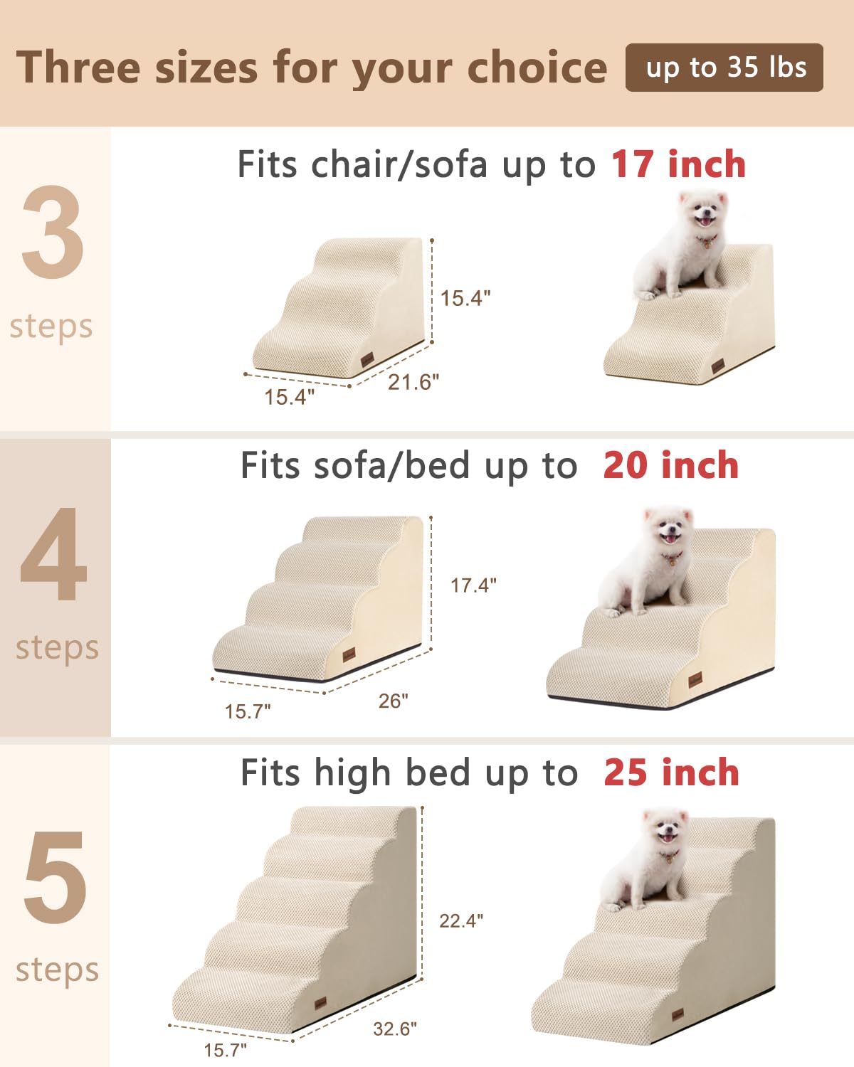Aodisman Dog Stairs for Small Dogs,3 Step Dog Ramp for Couch and Bed,Pet Stairs with Non-Slip Bottom for Old Cats,Indoor Pet Steps,Comfort,Durable,15.4" H