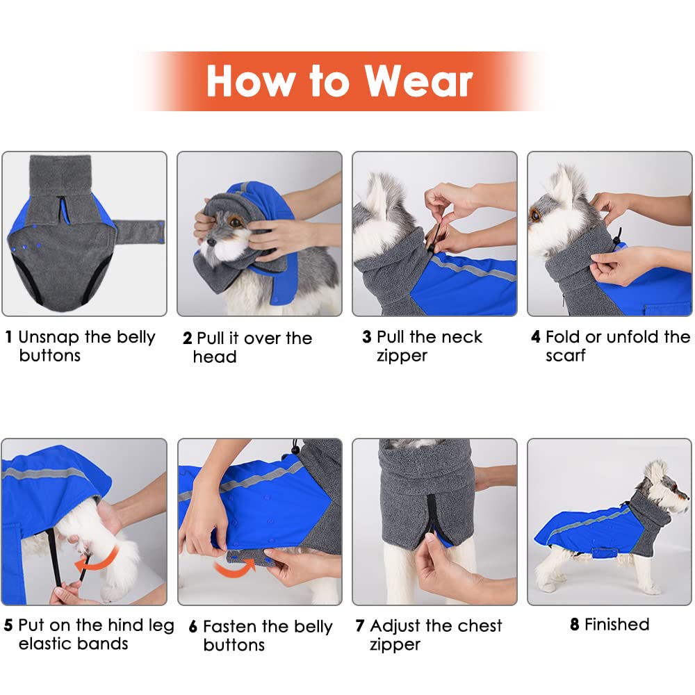 SlowTon Winter Dog Coat, Warm Polar Fleece Lining Doggie Outdoor Jacket with Turtleneck Scarf Reflective Stripe Adjustable Waterproof Windproof Puppy Vest Soft Pet Outfits (M+,Blue)