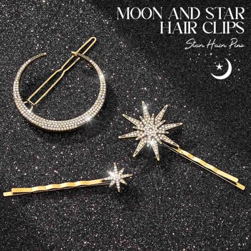 Bartosi Rhinestone Moon Hair Clips Star Hairpins Crystal Decorative Bobby Pins Retro Bride Wedding Hair Pins Side Clip Hair Accessories for Women and Girls (Pack of 3) (Bronze)